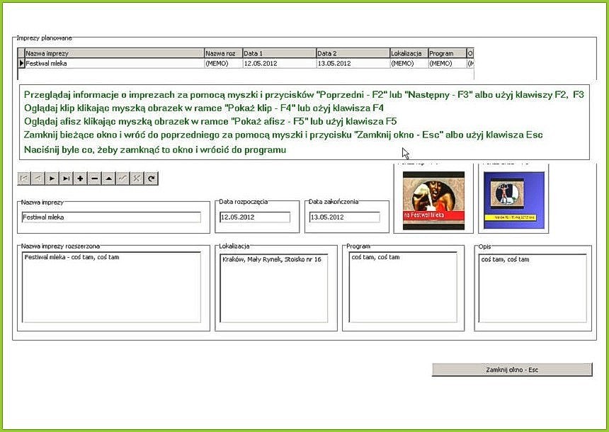 Informator komputerowy - okno imprez